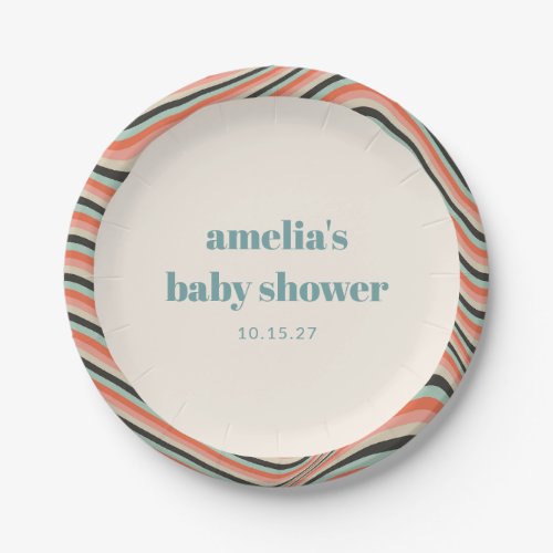 Abstract Wavy Stripe Aqua Peach Custom Baby Shower Paper Plates