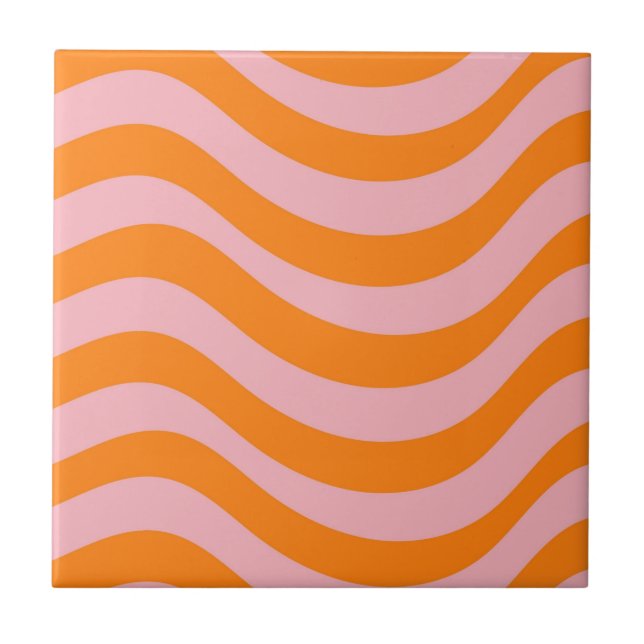 Abstract Wavy Stripe Orange Pink Retro Bold Modern Ceramic Tile (Front)