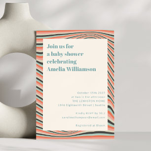 Abstract Wavy Stripes Aqua and Peach Baby Shower Invitation