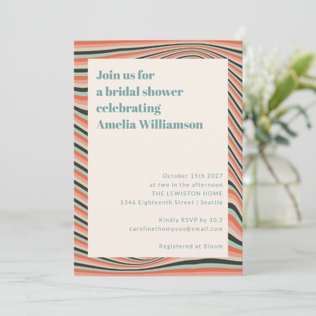 Abstract Wavy Stripes Aqua and Peach Bridal Shower Invitation (Standing Front)