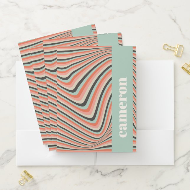 Abstract Wavy Stripes Aqua and Peach Personalized Pocket Folder (In Situ)
