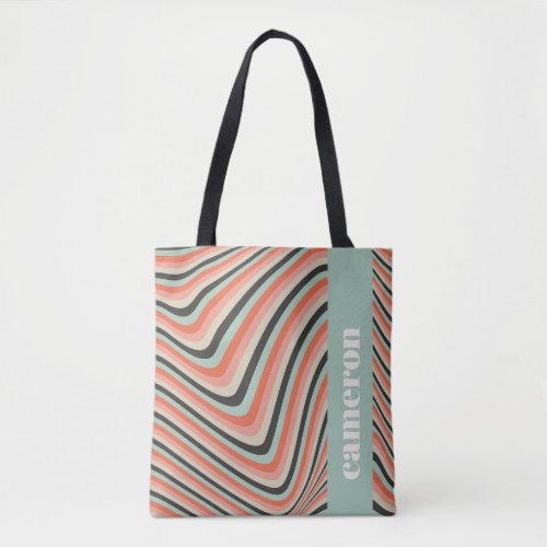 Abstract Wavy Stripes Aqua and Peach Personalized Tote Bag