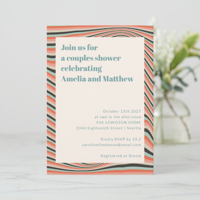 Abstract Wavy Stripes Aqua Peach Couples Shower Invitation (Standing Front)
