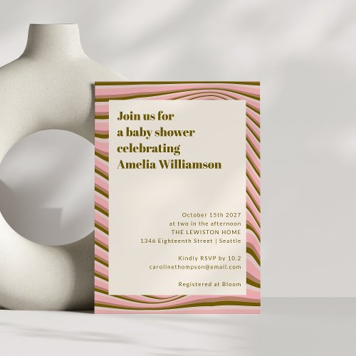 Abstract Wavy Stripes Pink and Olive Baby Shower Invitation