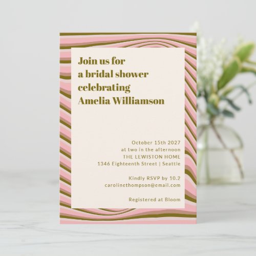 Abstract Wavy Stripes Pink and Olive Bridal Shower Invitation