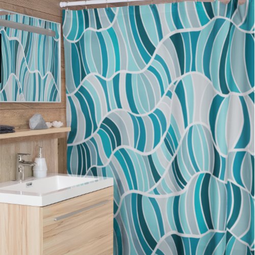 Abstract Wavy Stripes Teal Gray Pattern Shower Curtain