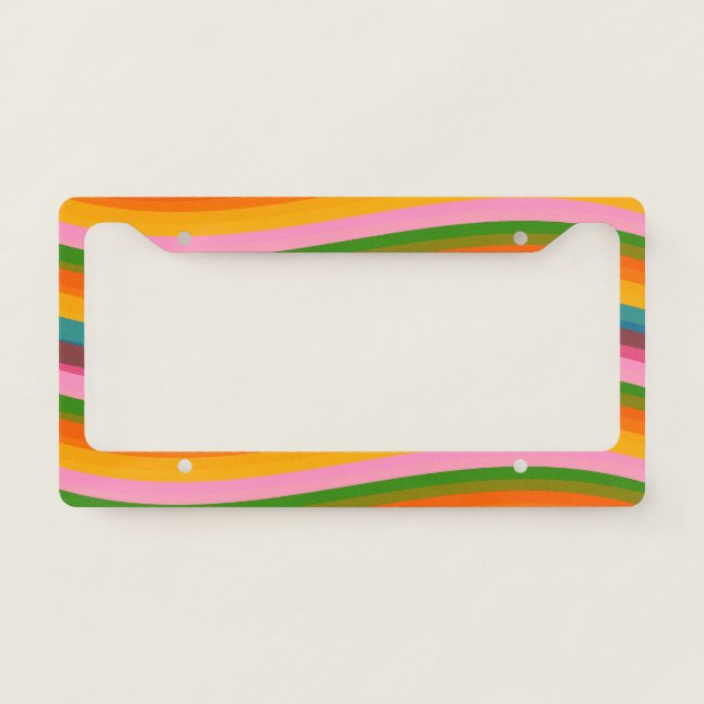 Abstract Wavy Swirl Lines Retro Rainbow Groovy License Plate Frame (Front)
