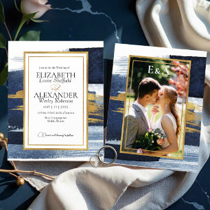 Abstract Wedding Invitations Photo Blue Gilded