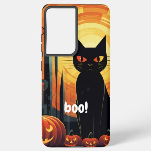 Abstract Whimsical Black Cat and Pumpkin Delight Samsung Galaxy S21 Ultra Case