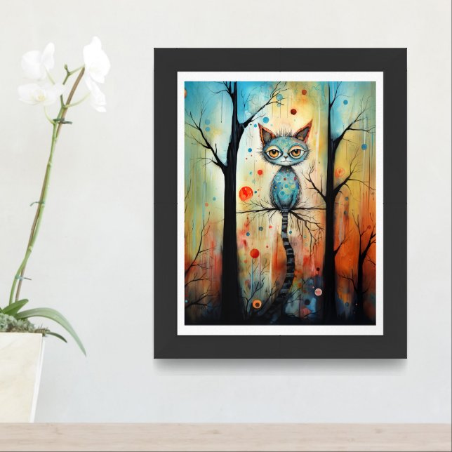 Abstract Whimsical Cat in a Tree AI Assist Framed Art (Entryway)