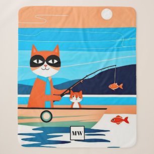 Abstract whimsical cats fishing in a boat monogram sherpa blanket