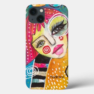 Abstract Whimsical Girl Colorful Pink Green Orange