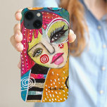 Abstract Whimsical Girl Colorful Pink Green Orange iPhone 13 Case<br><div class="desc">This colorful mixed media original art piece features a quirky, whimsical girl with bright pink hair on a colorful abstract background of dusty blue and tangerine orange with pink, yellow, and green half circle shapes and black and white stripes and an assortment of doodles. This fun phone case is full...</div>