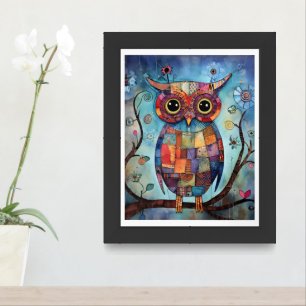 Abstract Whimsical Owl in a Tree AI Assist Framed Art