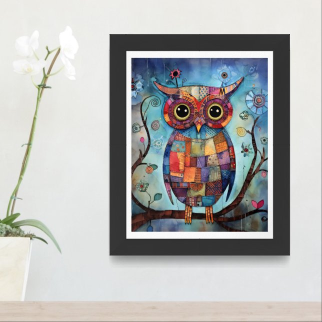 Abstract Whimsical Owl in a Tree AI Assist Framed Art (Entryway)