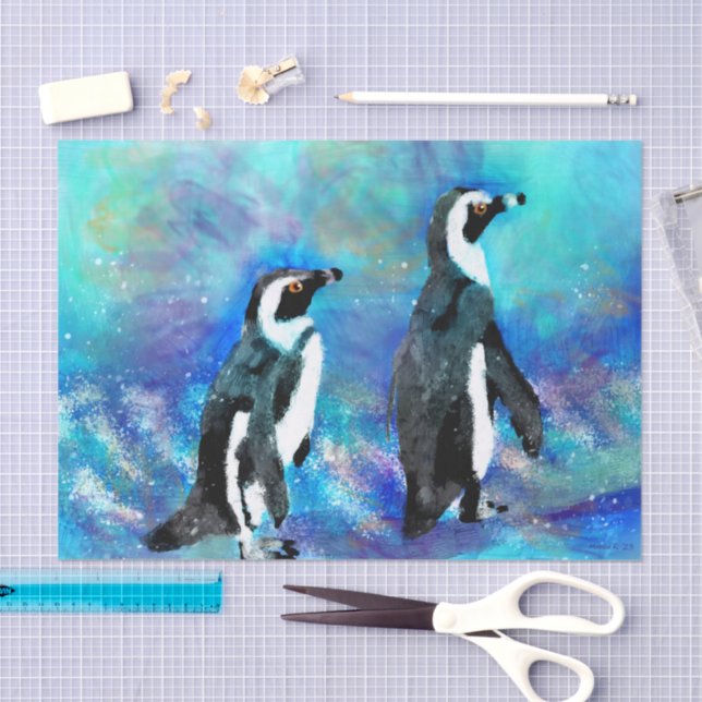 Abstract Whimsical Penguin Couple Decoupage Tissue Paper (Craft)