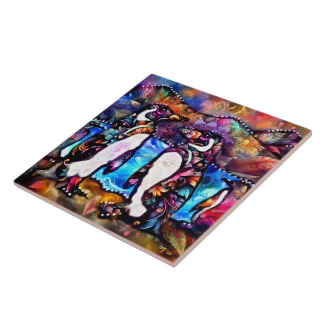 Abstract Whimsical Penguin Family Floral Colorful Ceramic Tile (Side)