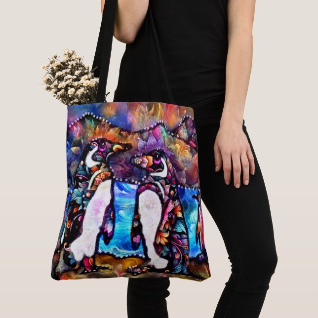 Abstract Whimsical Penguin Family Floral Colorful Tote Bag (Close Up)