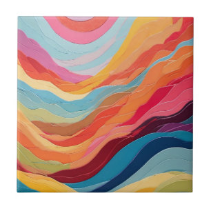 Abstract Whimsical Rainbow Wavy Stripes Ceramic Tile