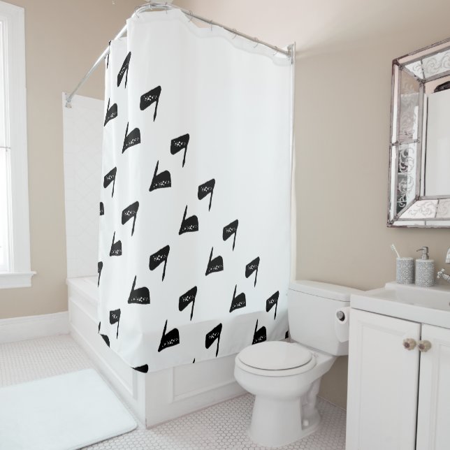 Abstract Whimsy Whale Black and White Shower Curtain (In Situ)