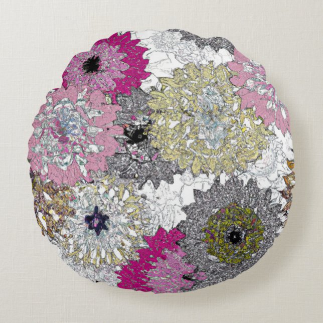 Abstract White and Pink Floral Pattern Round Pillow (Front)