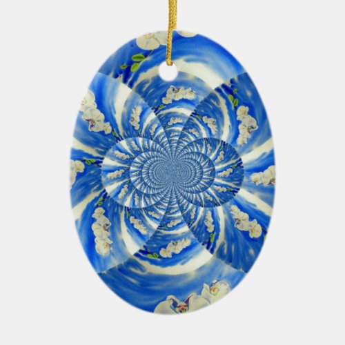 Abstract white blue floral painting ceramic ornament