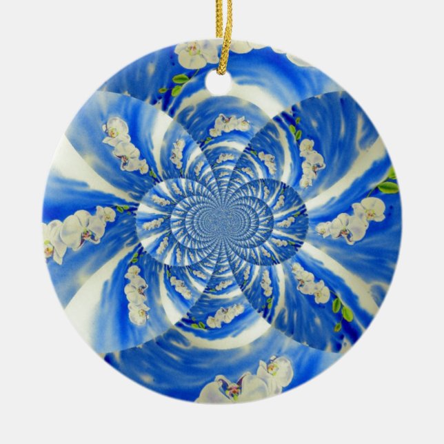 Abstract white blue floral painting ceramic ornament (Front)