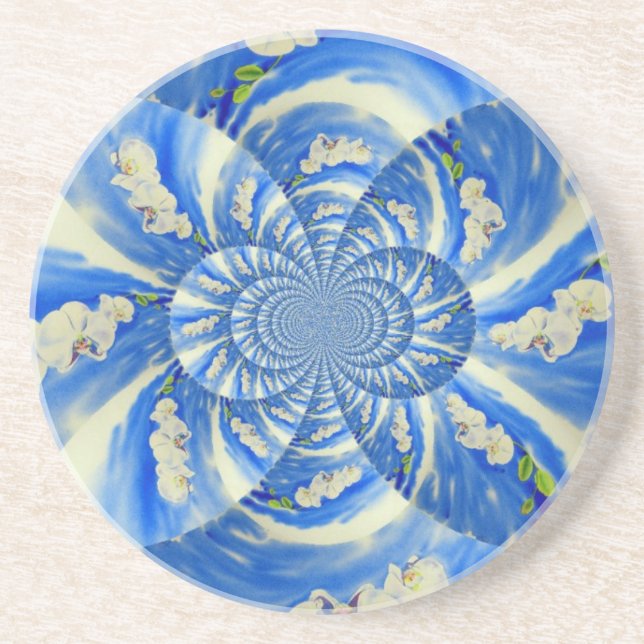 Abstract white blue floral painting coaster (Front)