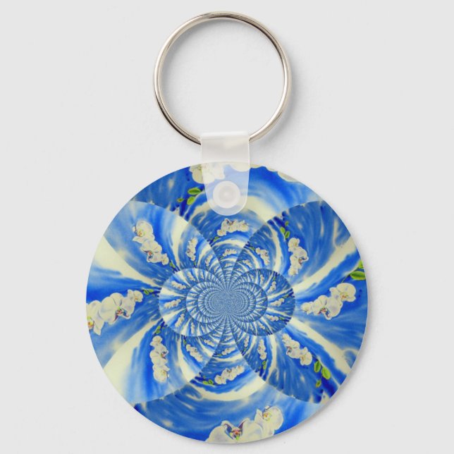 Abstract white blue floral painting keychain (Front)