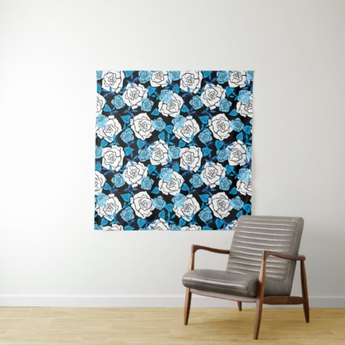 Abstract White blue roses pattern Tapestry