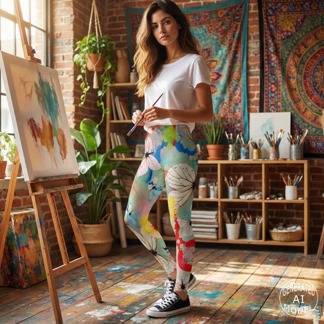 Abstract White Butterflies Colorful Paint Splatter Leggings (Creator Uploaded)