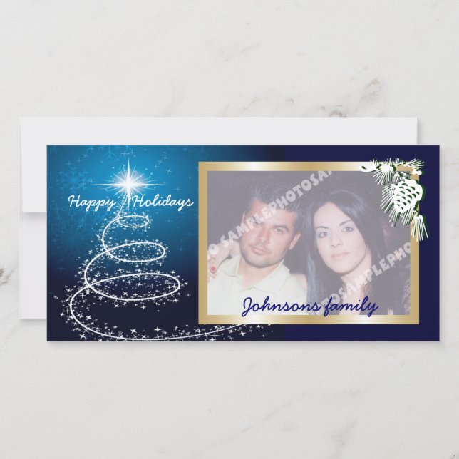 Abstract White Christmas Tree On Glowing Blue Holiday Card (Front)