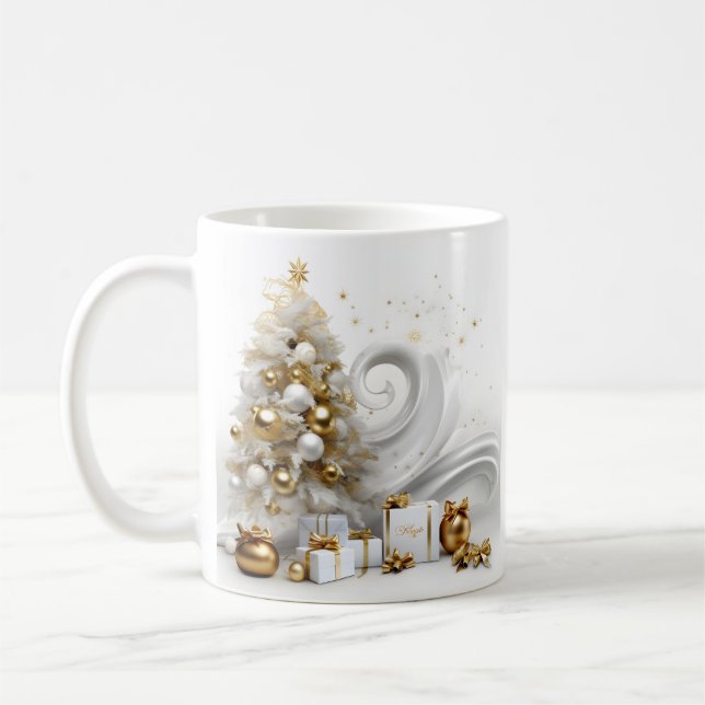 Abstract white christmas tree with gold accents coffee mug (Left)