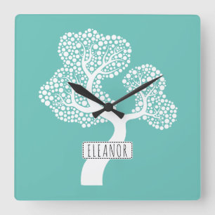 Abstract white circle tree and name light teal square wall clock