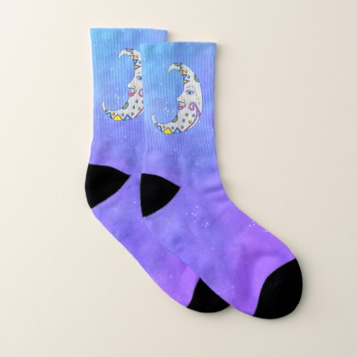 Abstract White Crescent Moon Colorful Shapes Blue Socks