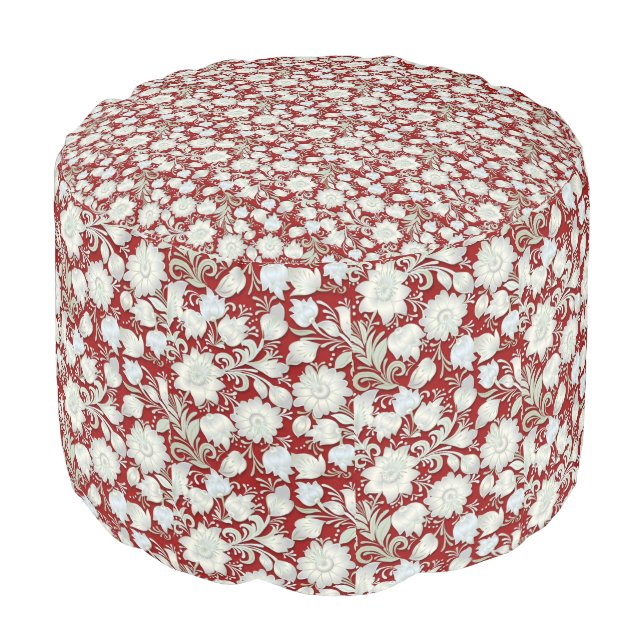 Abstract White Floral Ornament on Red Background  Pouf (Angled Front)