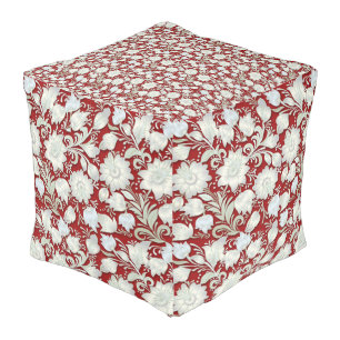 Abstract White Floral Ornament on Red Background Pouf