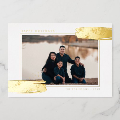 Abstract White  Gold Brushstroke Photo Foil Holiday Card