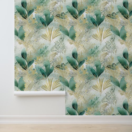 Abstract White Green Gold Floral Leaves Wallpaper