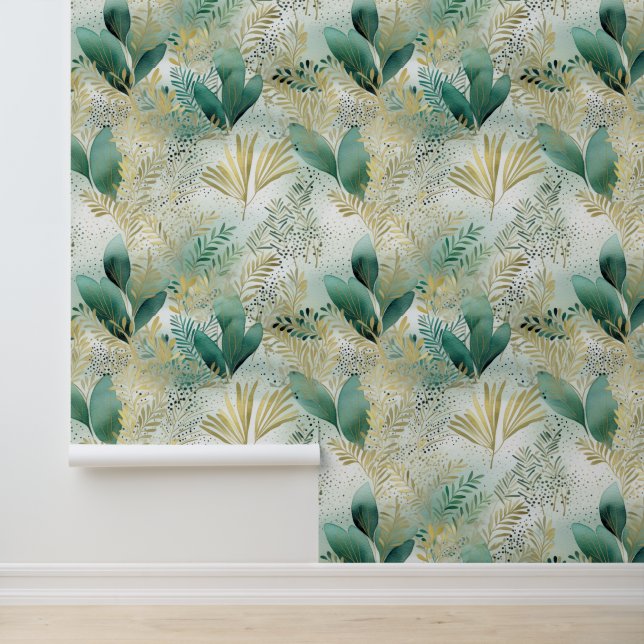 Abstract White Green Gold Floral Leaves Wallpaper (Application)