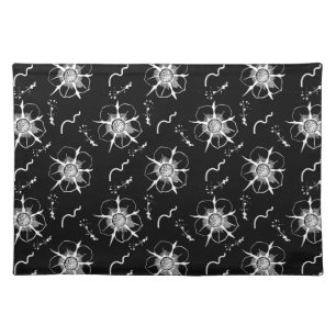 Abstract White Line Art Flowers On Black Cloth Placemat