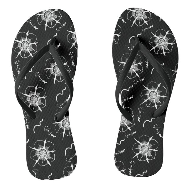 Abstract White Line Art Flowers On Black Flip Flops (Footbed)