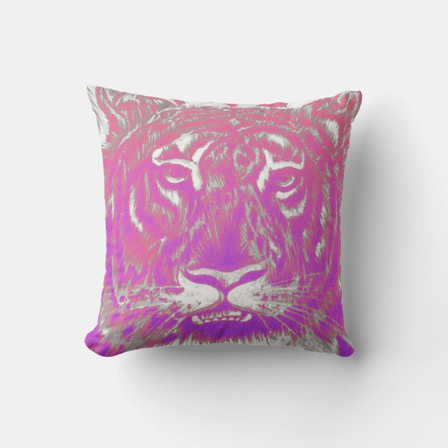 Abstract white neon pink purple ombre tiger throw pillow (Front)