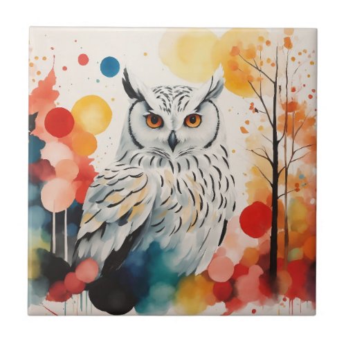 Abstract White Owl In Colorful Dreamy Forest Ceramic Tile