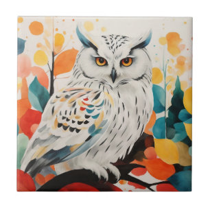 Abstract White Owl On Colorful Forest Tree Branch Ceramic Tile