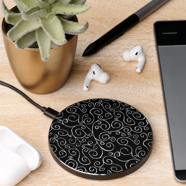 Abstract White Scrolling Curves on Black Wireless Charger (Desk 2)
