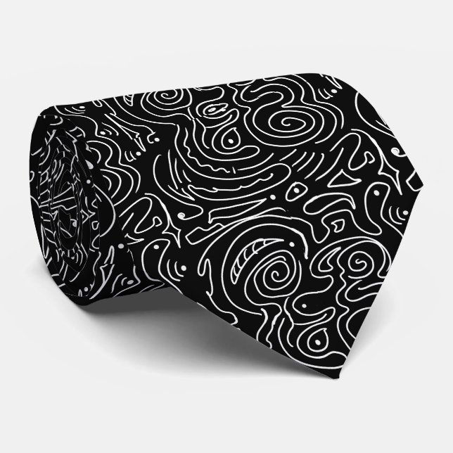 Abstract White Swirl Line on Black Neck Tie (Rolled)