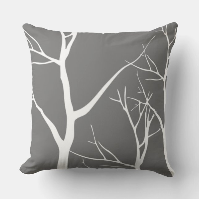 Abstract White Tree Pattern On Gray Throw Pillow (Front)
