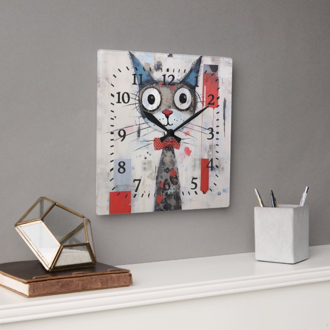  Abstract Wide Eyed Colorful Cat Square Wall Clock (Office)