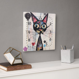Abstract Wide Eyed Colorful Cat Square Wall Clock